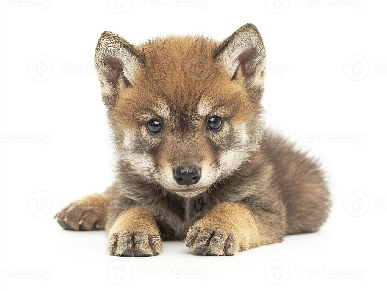 Adorable Red Wolf Pup Laying Down Looking at Camera on White photo