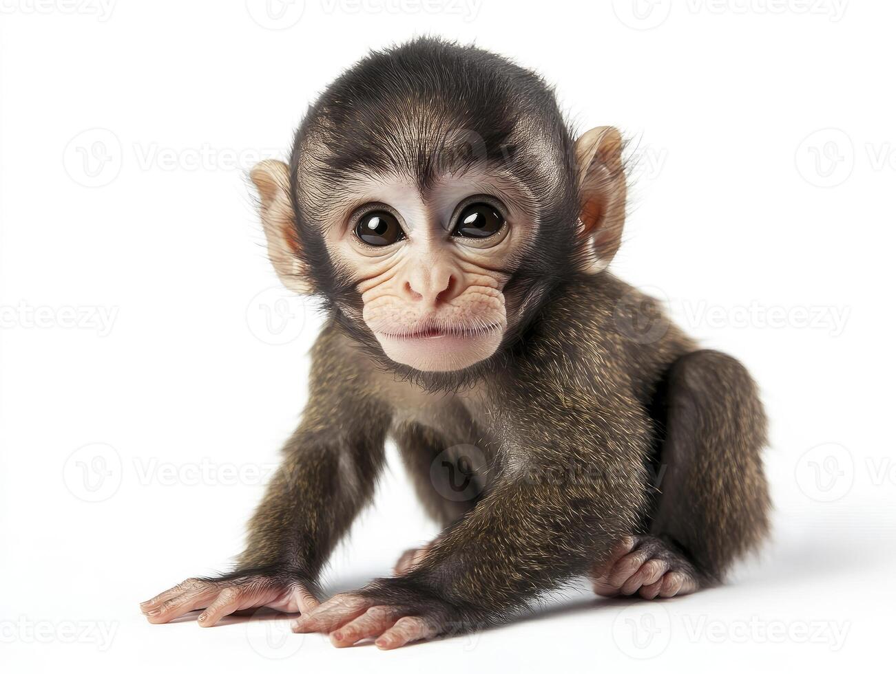 Cute Baby Monkey Crouching and Looking at the Camera Isolated on White photo