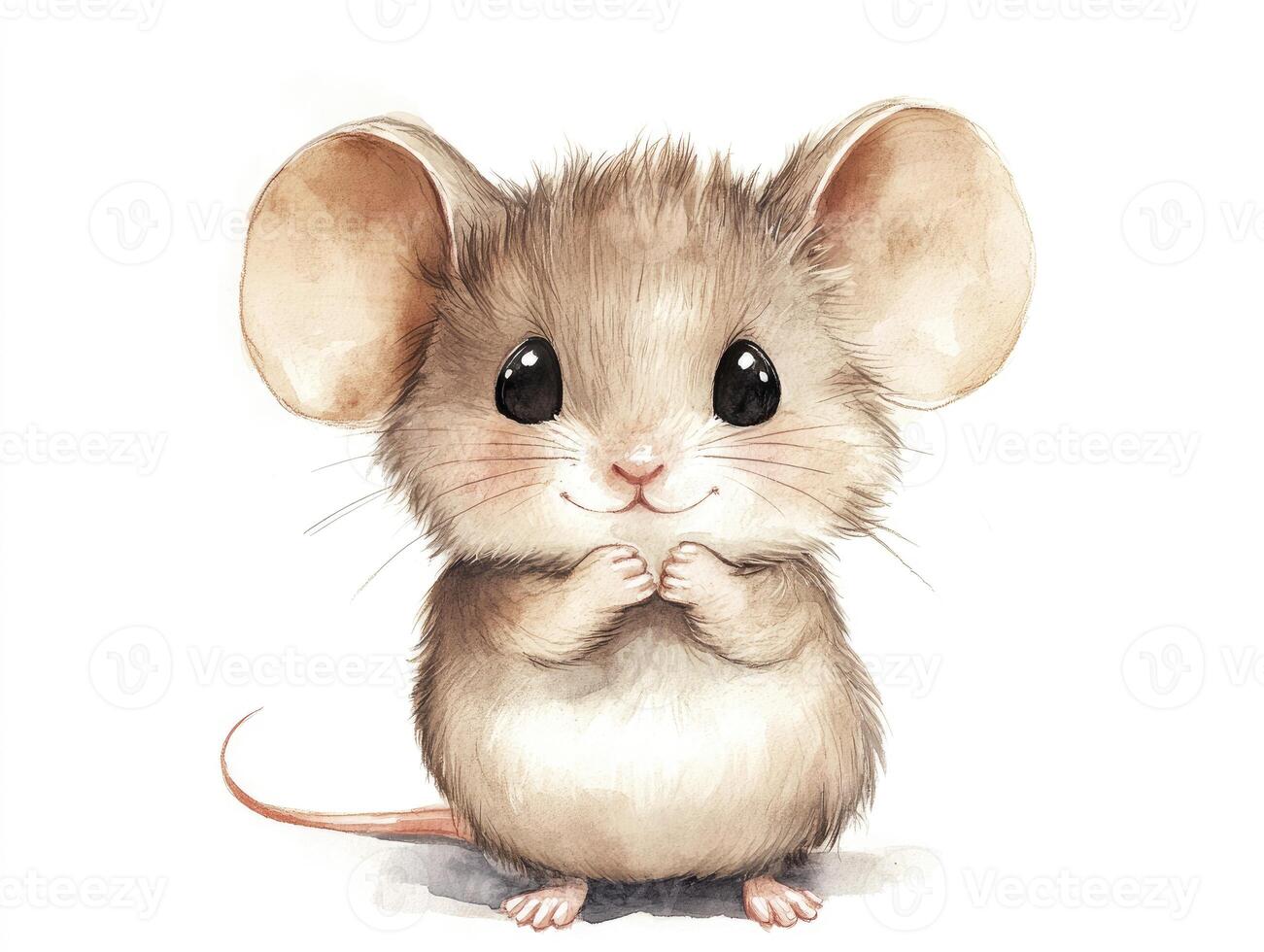 Cute Mouse Watercolor Illustration Standing with Paws Up and Big Eyes photo