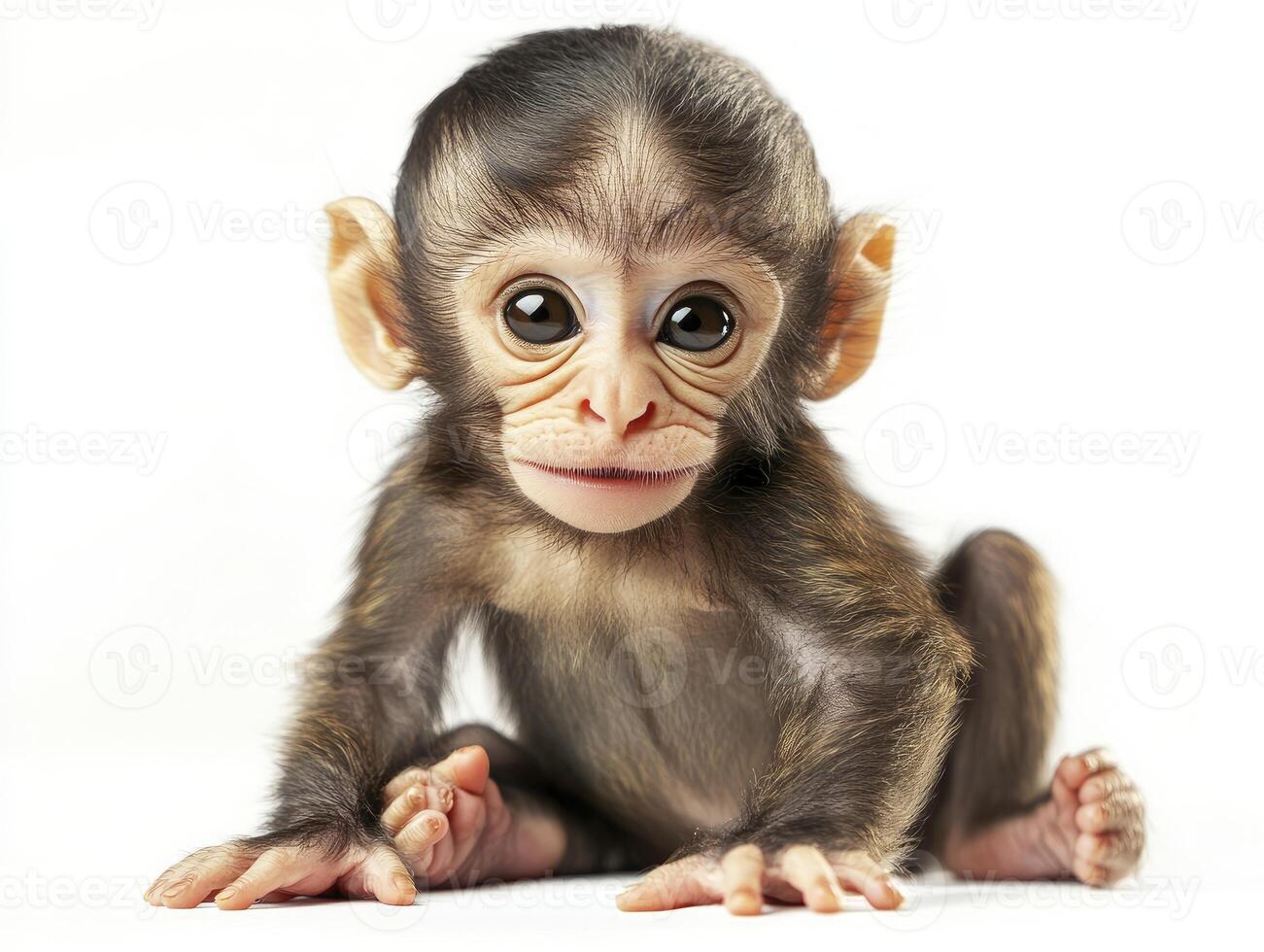 Baby Monkey Sitting Adorably with Large Eyes on White Background photo