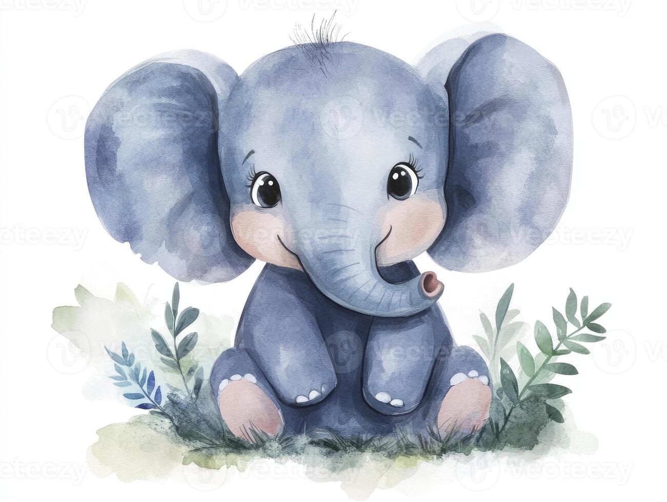 Cute Baby Elephant Sitting Illustration in Watercolor Style Artwork photo
