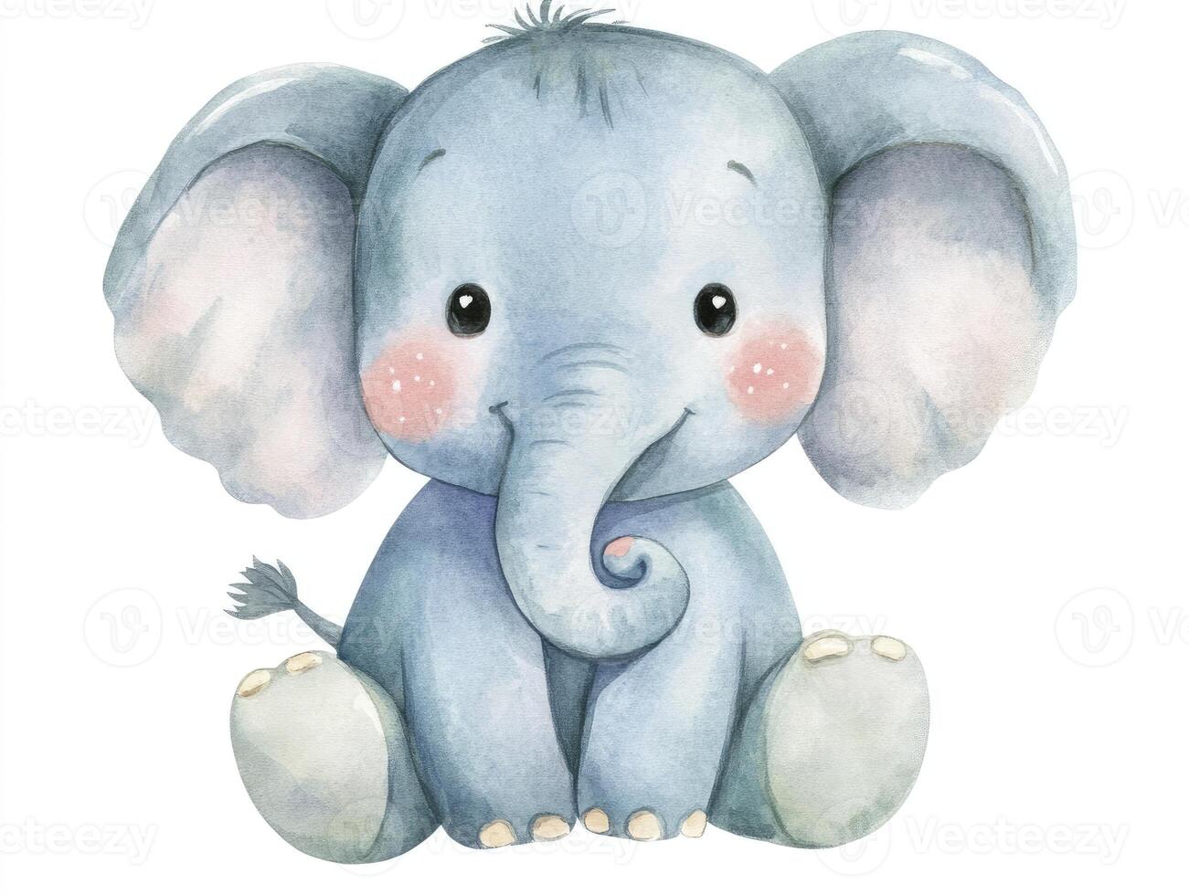 Sitting Baby Elephant Watercolor Illustration with Cute Happy Expression photo