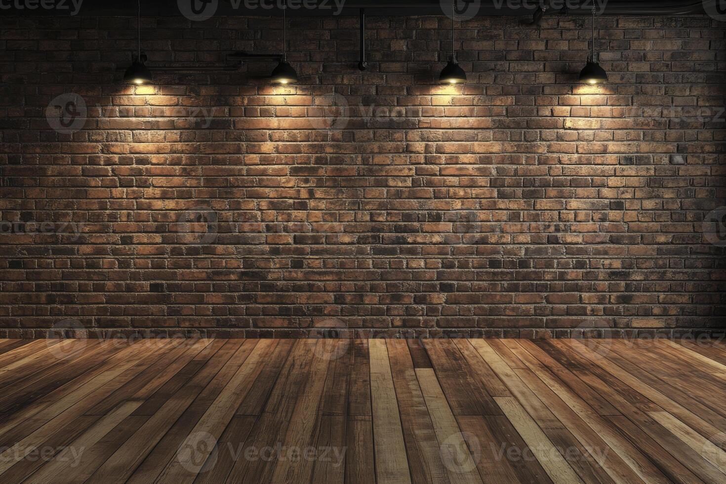 Rustic Brick Wall Interior with Wood Floor and Industrial Lighting photo