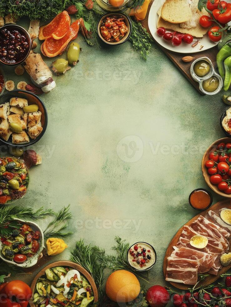 Arrangement of Delicious Appetizers and Fresh Produce on a Green Background photo