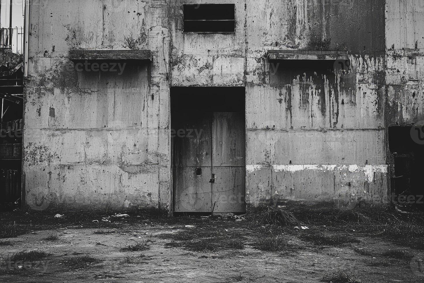 Exploring an Old Industrial Building Exterior with Weathered Walls and Door photo