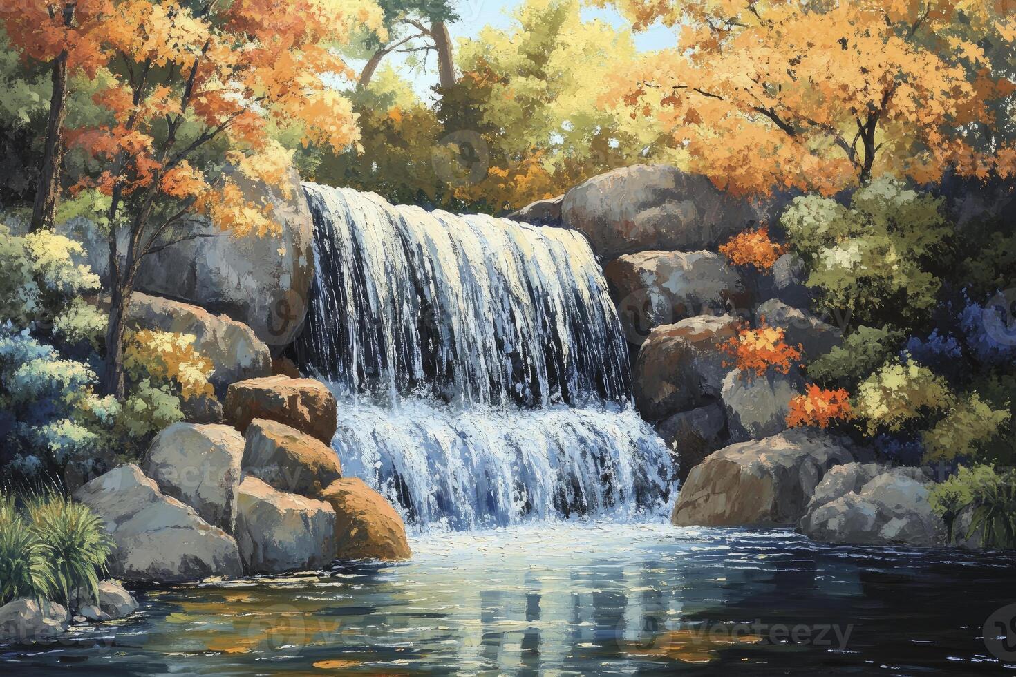 Waterfall Painting Cascading Over Rocks Surrounded by Autumn Trees photo