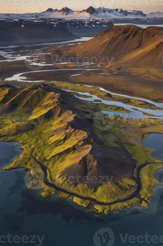 Aerial View of Icelandic Highlands Landscape with River and Mountains photo