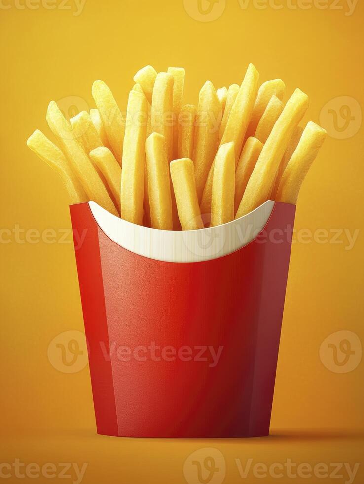 Eating French Fries Classic Fast Food Snack in Red Container Studio Shot photo