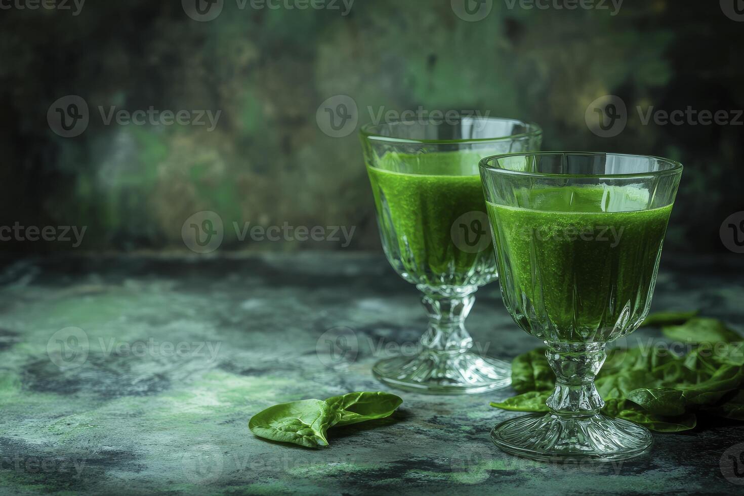 Preparing Green Smoothie in Glasses with Fresh Spinach Leaves photo