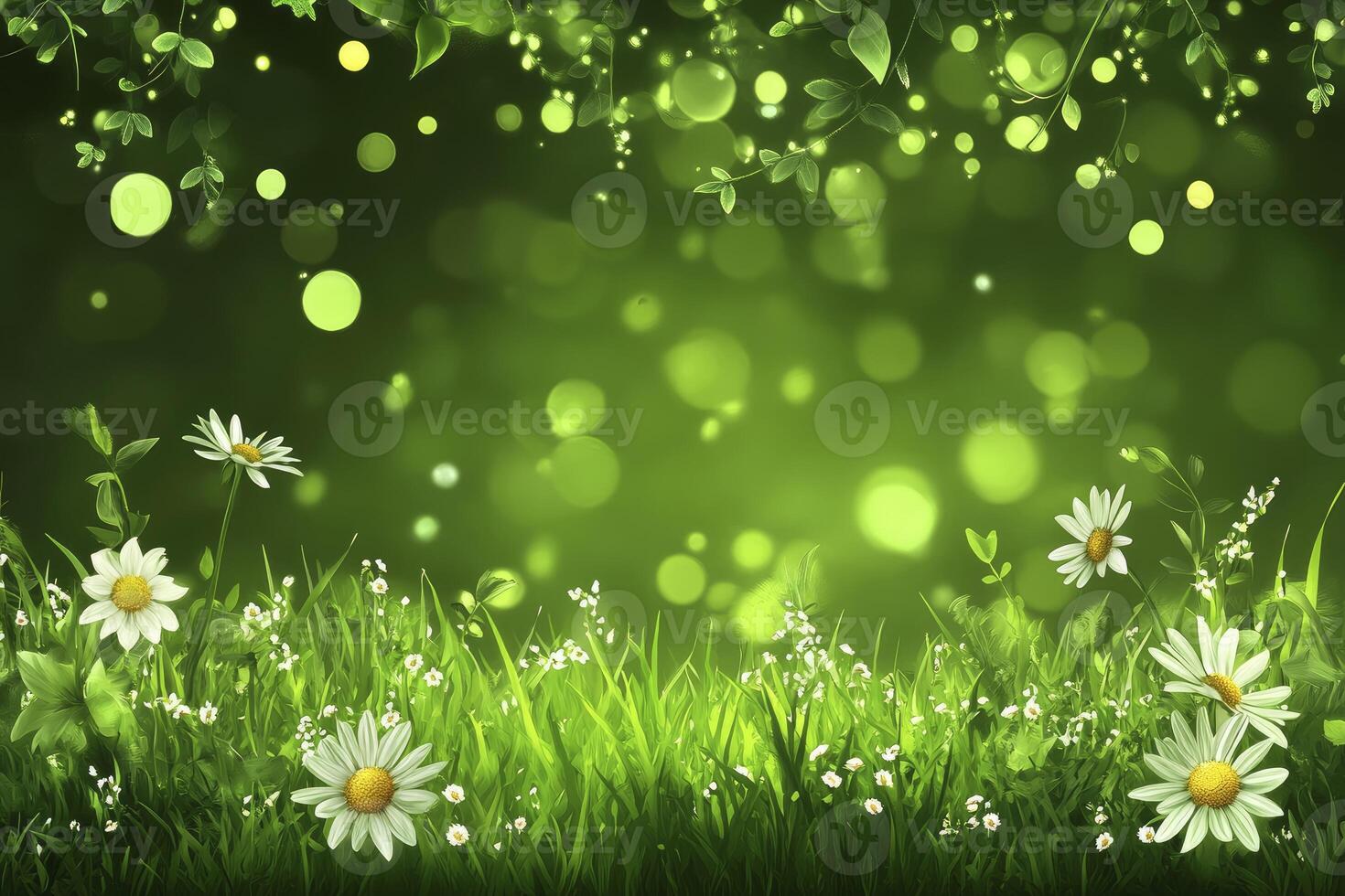Blooming Daisy Flowers in Green Grass with Bokeh Background Image photo