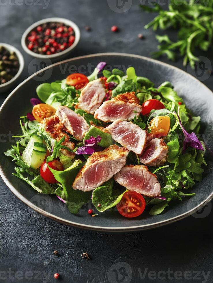 Seared Tuna Salad with Fresh Greens and Vegetables in Dark Bowl photo