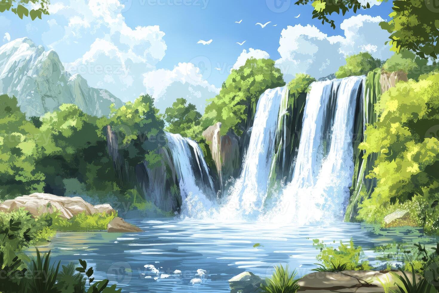 Waterfall Landscape with Lush Greenery and Clear Blue Sky Illustration photo