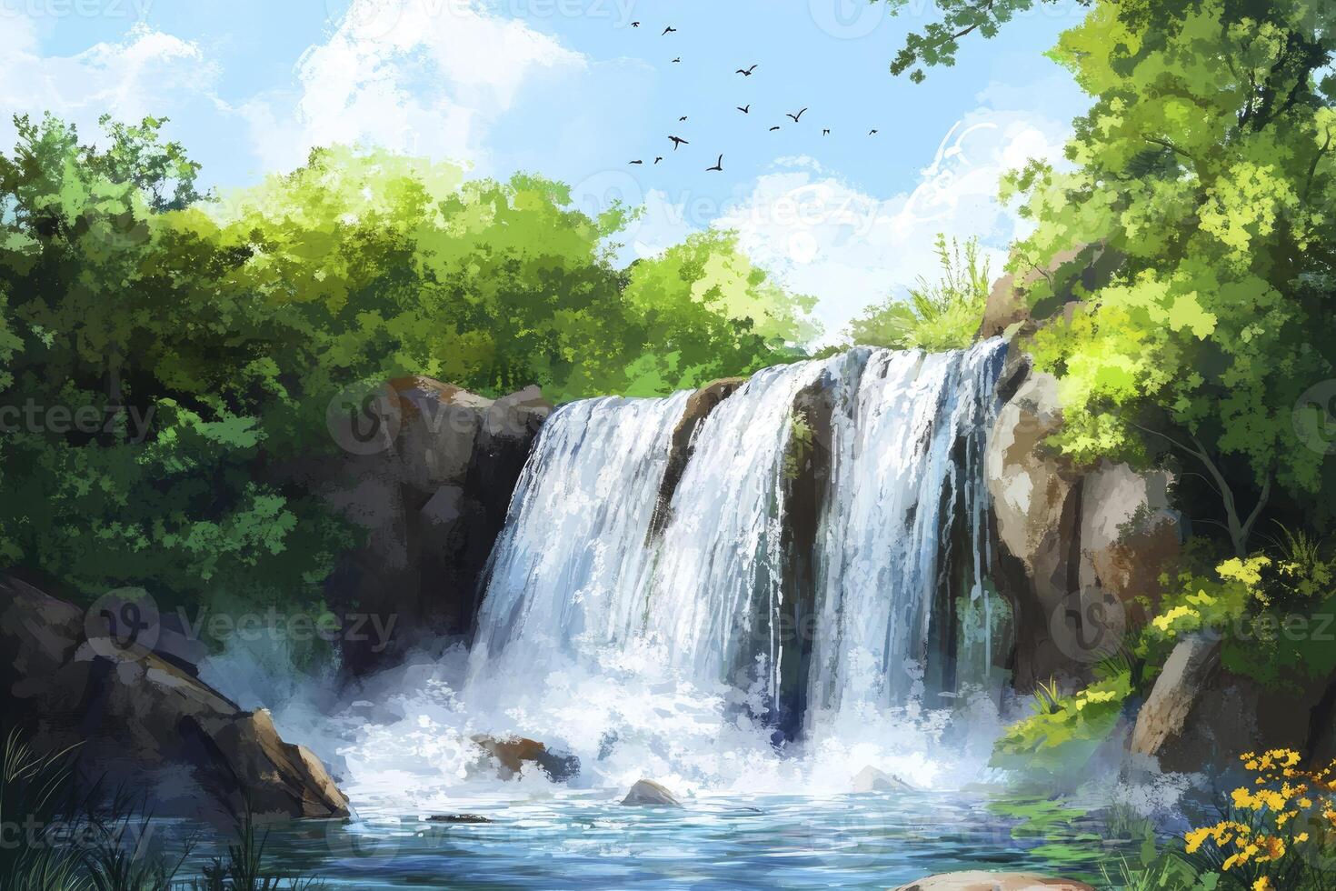 Waterfall Cascading Into a Serene Pool Surrounded by Lush Greenery Artwork photo