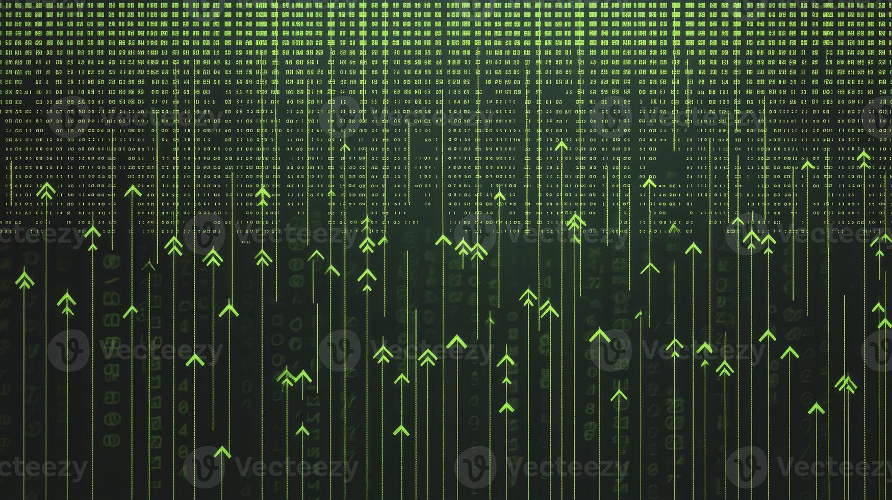Green Arrows Rising Through Digital Data Stream Technology Background photo