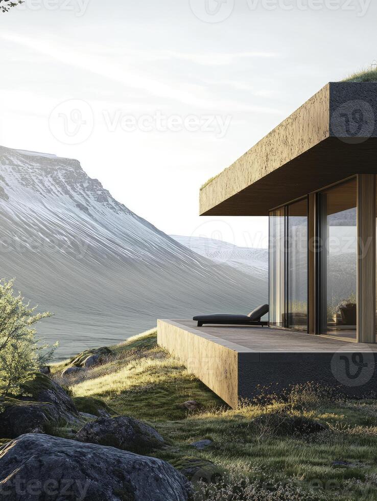 Modern House with Deck Overlooking Snowy Mountain Landscape and Greenery photo