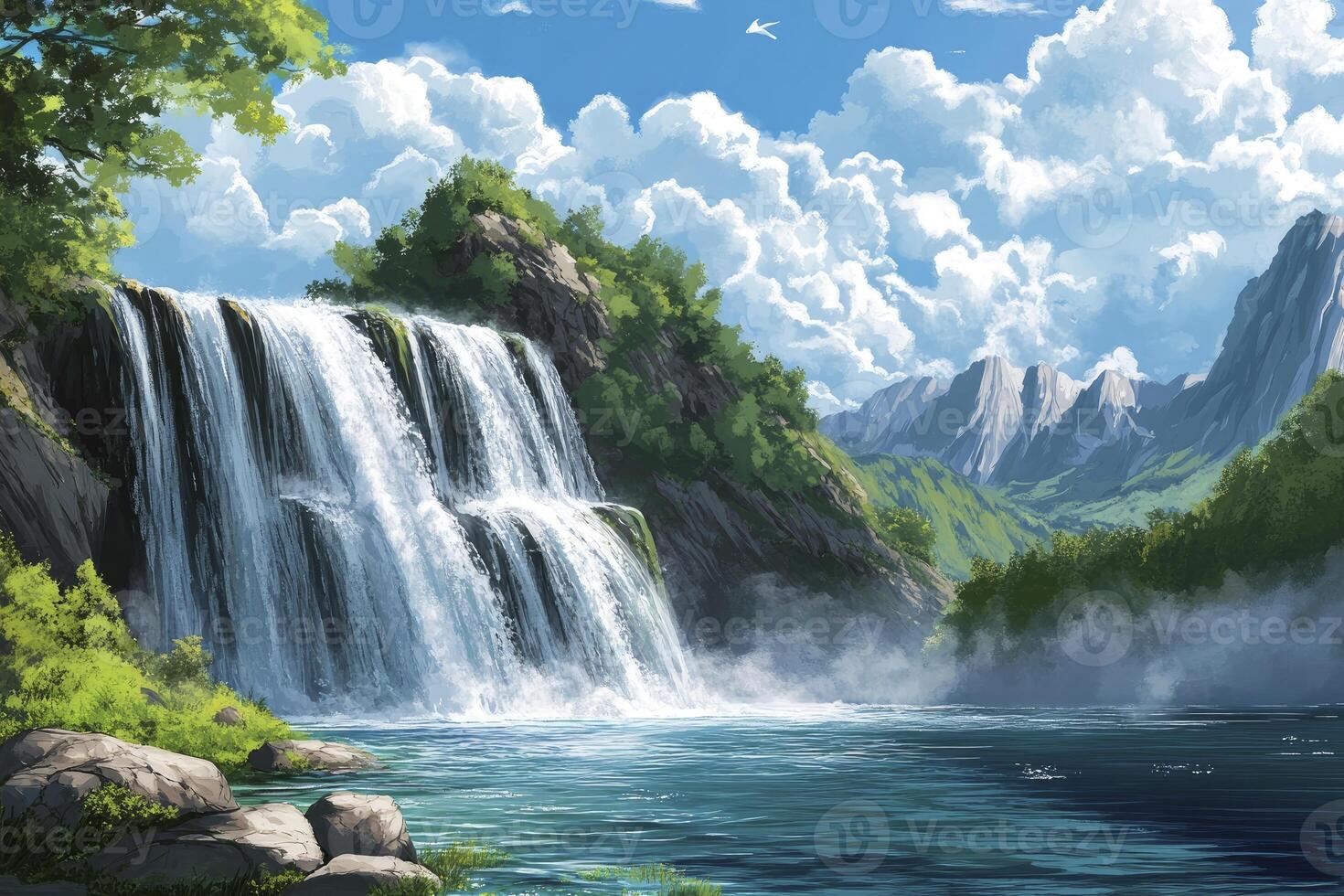 Scenic Waterfall Cascading Into River Under Cloudy Sky with Mountains photo