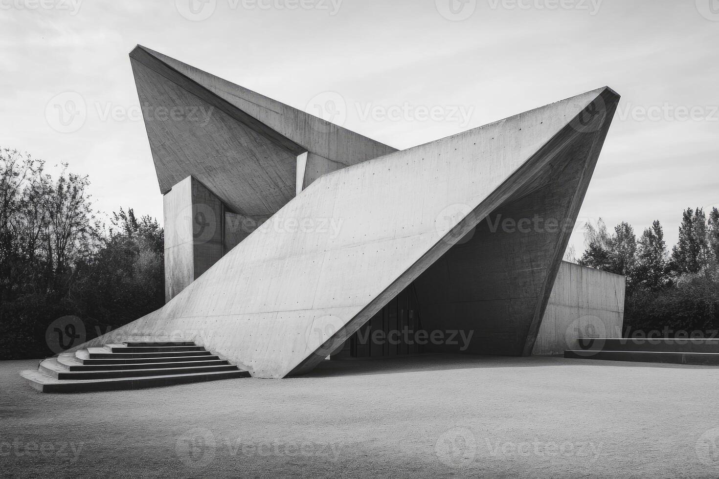 Exploring Unique Concrete Architecture Minimalist Building and Surrounding Green Space photo