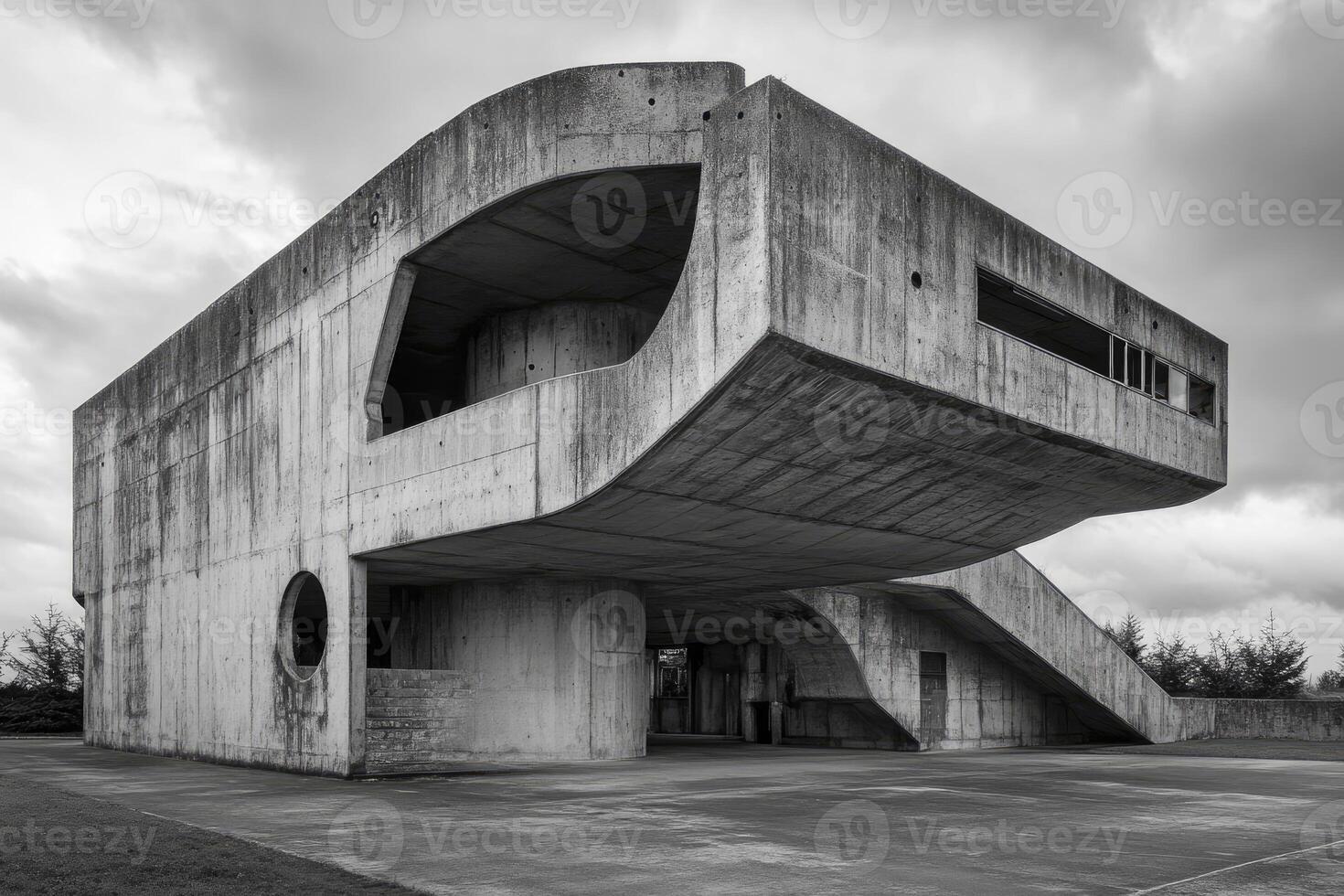 Exploring Brutalist Architecture Black and White Exterior View Against Cloudy Sky photo