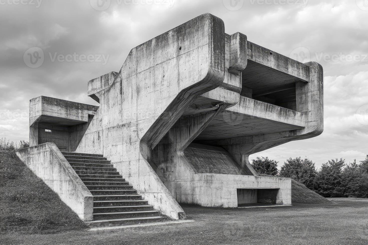 Exploring Brutalist Architecture Concrete Structure and Stairs Under Cloudy Skies photo