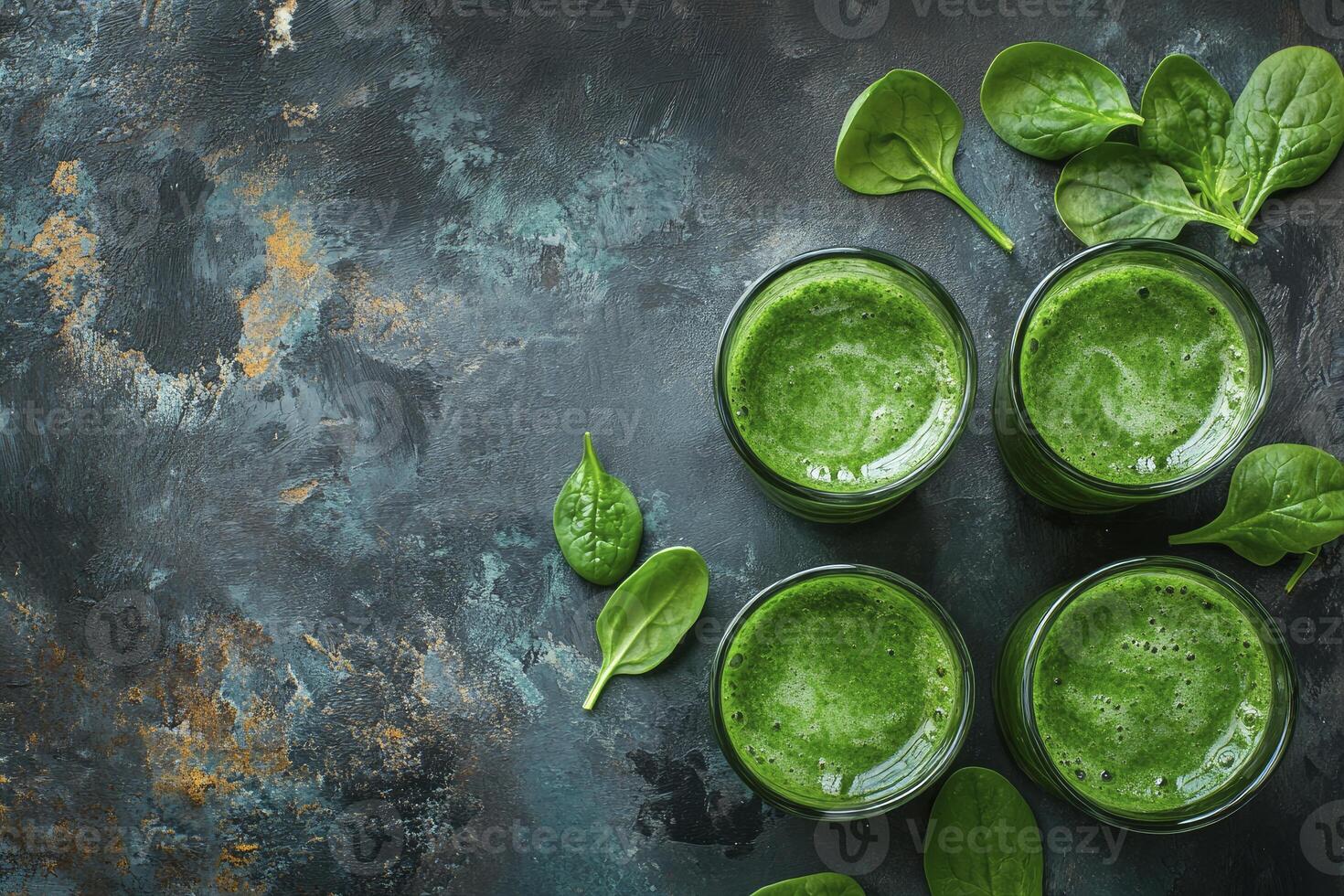 Preparing Healthy Green Smoothie with Fresh Spinach on Textured Background photo