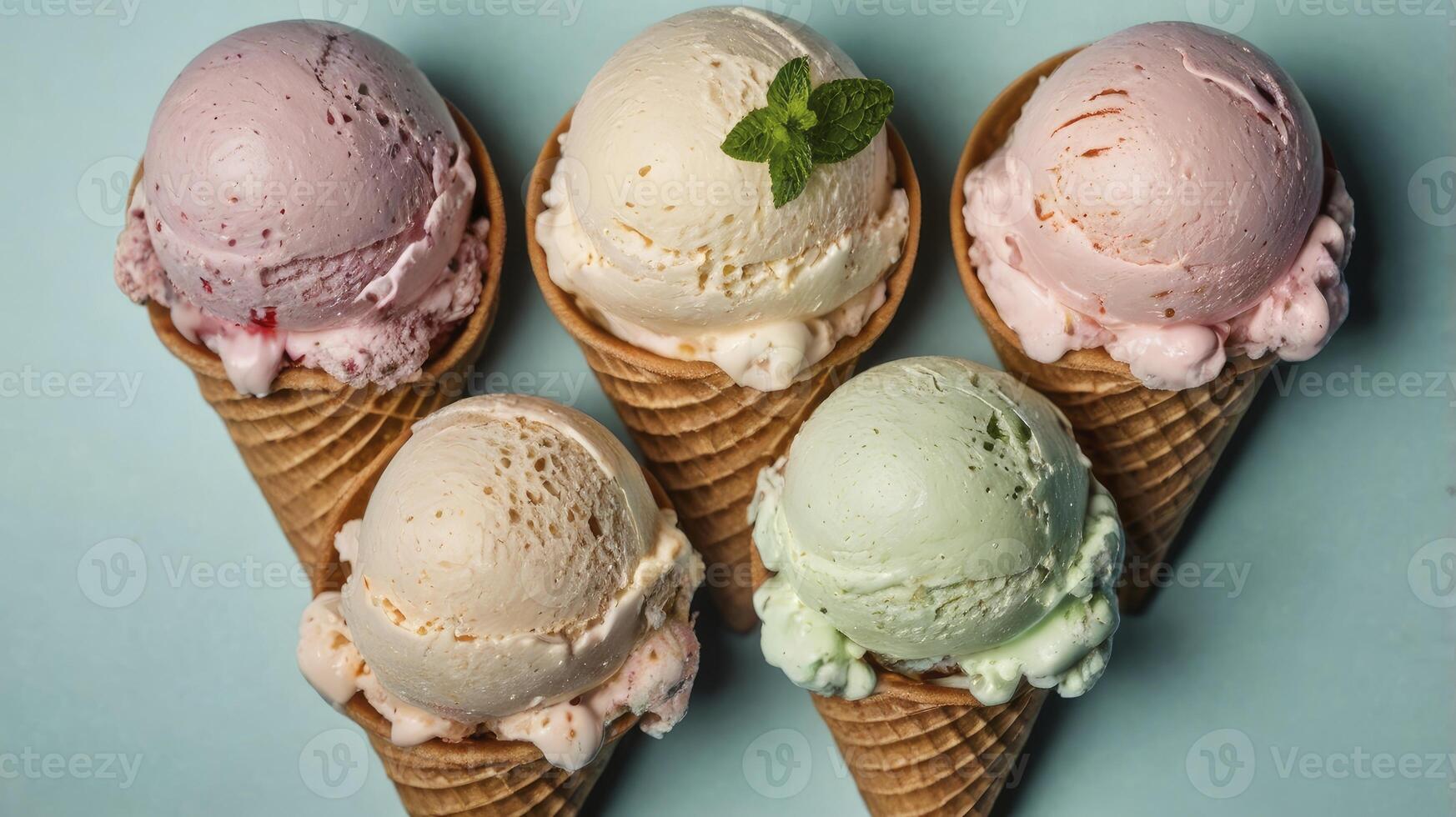 Assorted Flavored Ice Cream Cones on Light Blue Background Overhead View photo