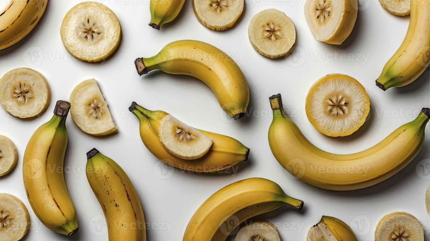 Arrangement of Fresh Yellow Bananas and Slices on White Background photo