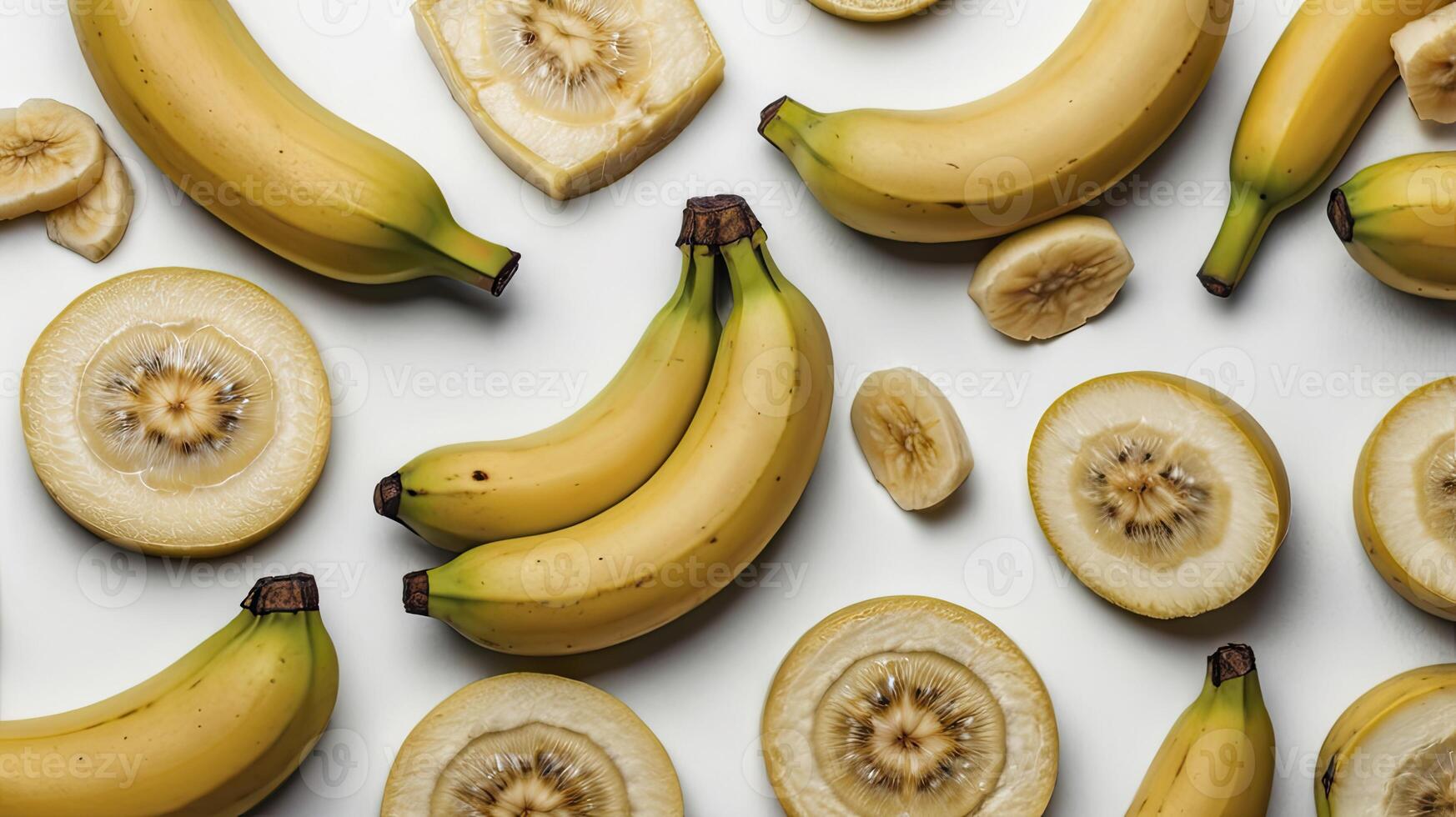 Arrangement of Whole and Sliced Bananas on a White Background photo