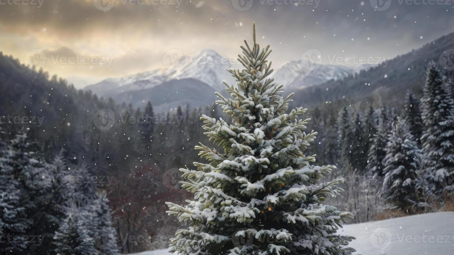 Snow Covered Christmas Tree in Winter Landscape with Mountains and Snowfall photo
