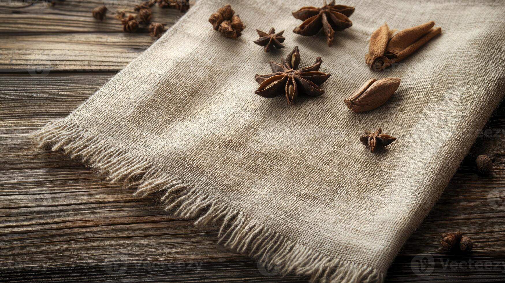 Arrangement of Star Anise and Spices on a Rustic Burlap Cloth photo