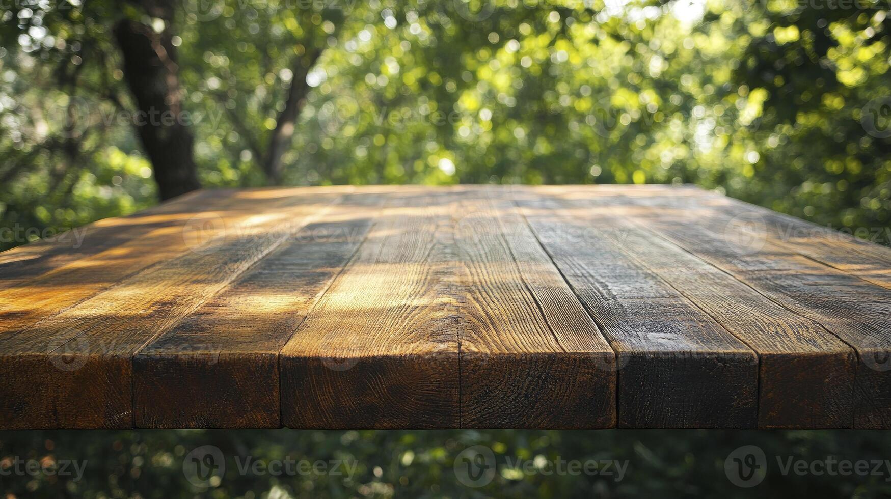 Rustic Wooden Table in Forest Setting for Food Presentation and Display photo