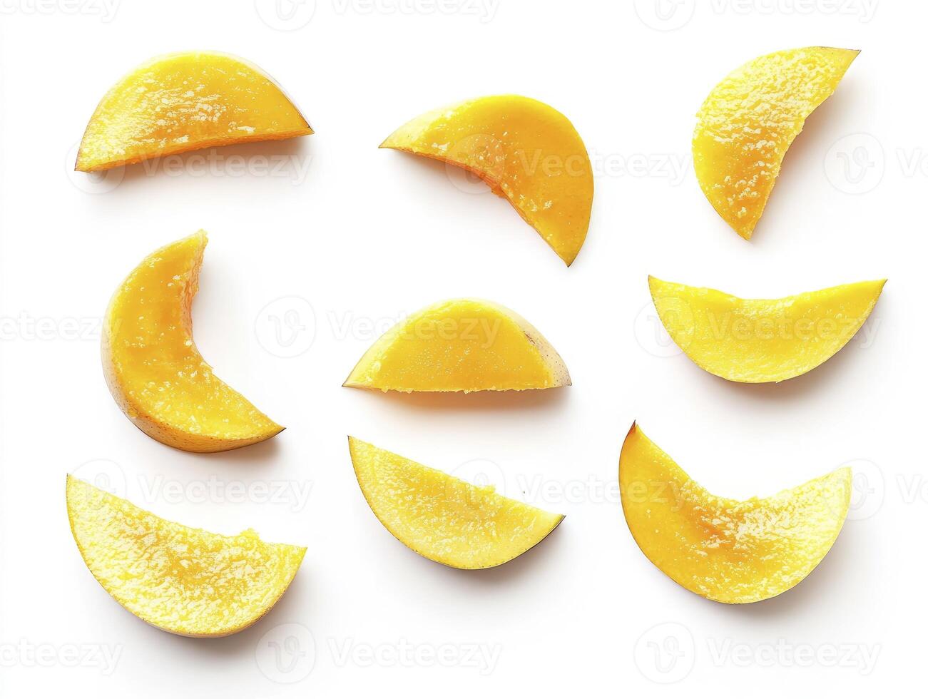 Arrangement of Fresh Mango Slices on White Background Overhead View photo