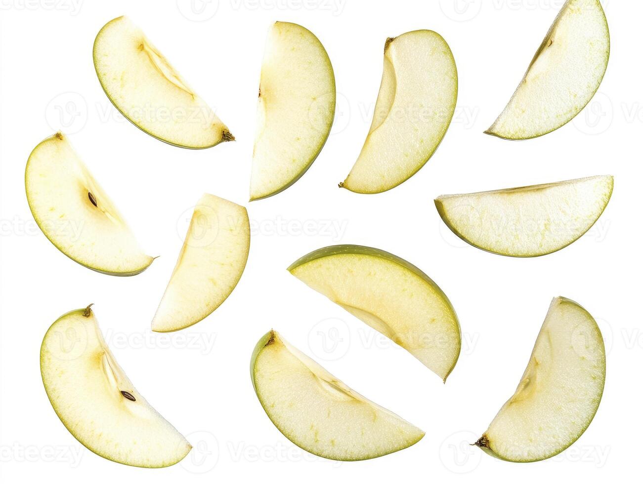 Scattered Apple Slices on White Background Fresh and Healthy Still Life photo