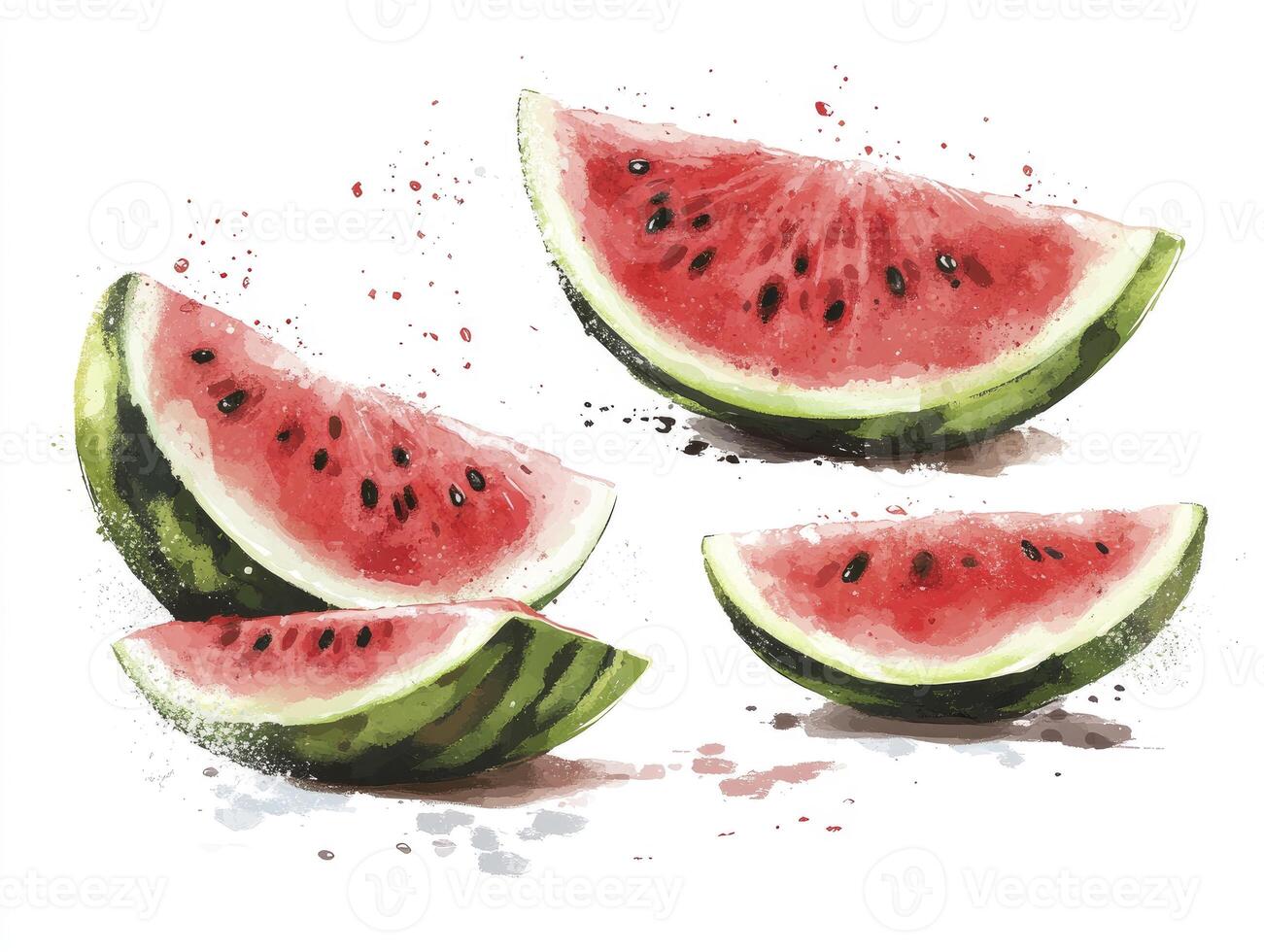 Watermelon Slices Watercolor Painting Still Life Fresh Fruit Illustration photo