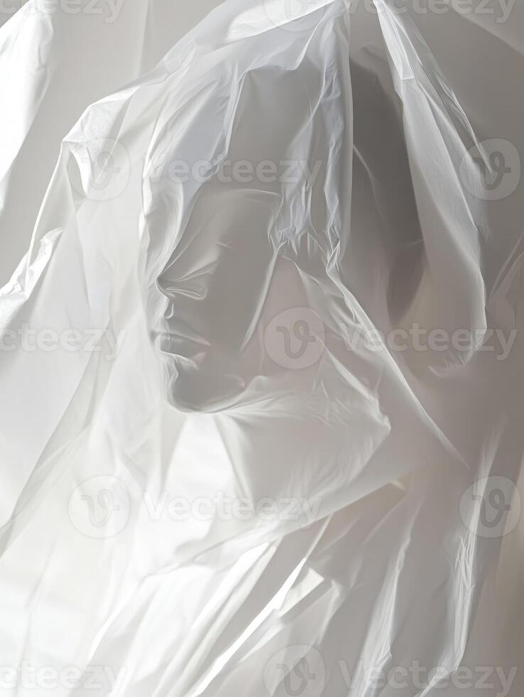 Ethereal Mannequin Face Veiled in Translucent Plastic Sheet Modern Art photo