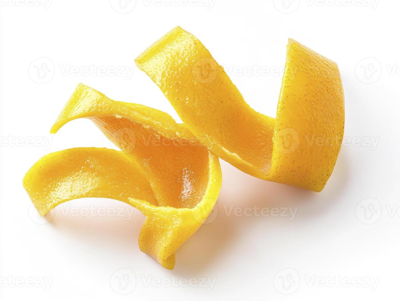 Bright Yellow Citrus Peel Curl Isolated on White Background Still Life photo