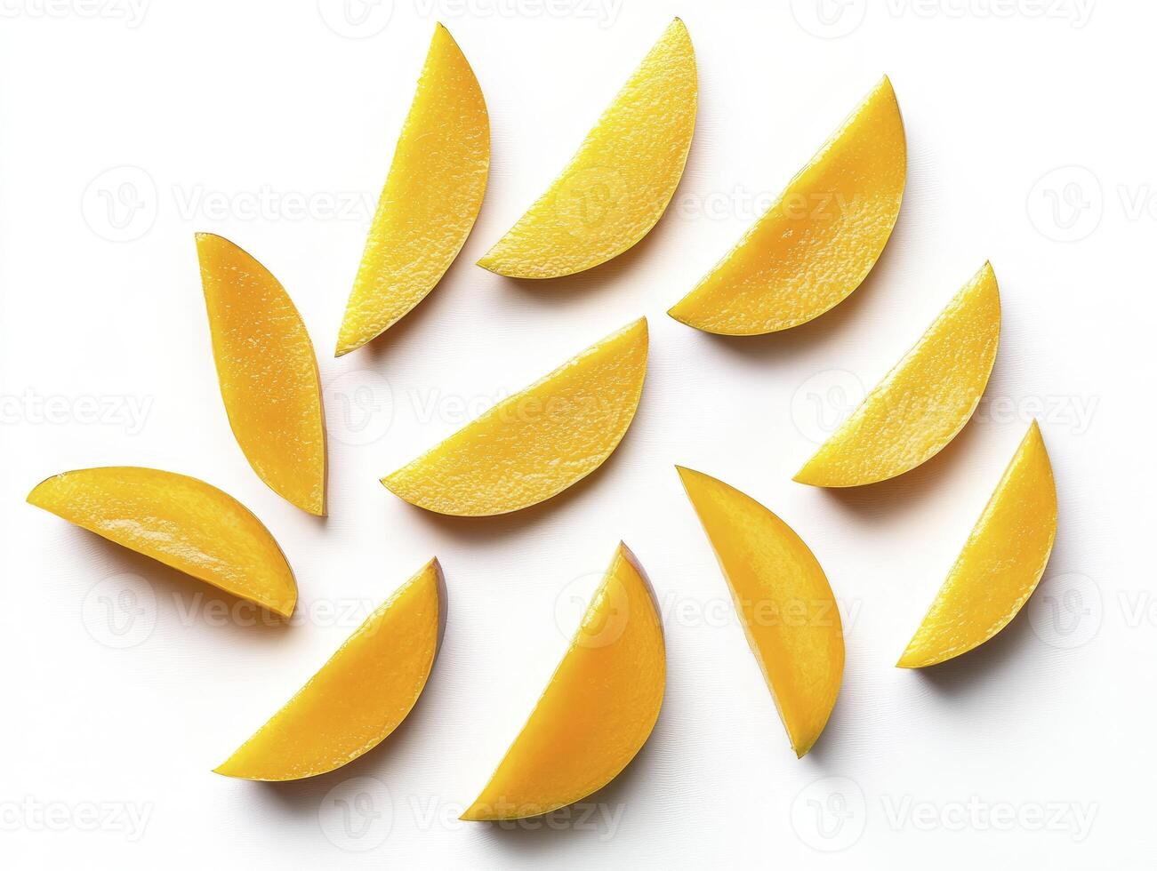 Bright Mango Slices Arranged on White Background Offering Fresh Tropical Vibe photo