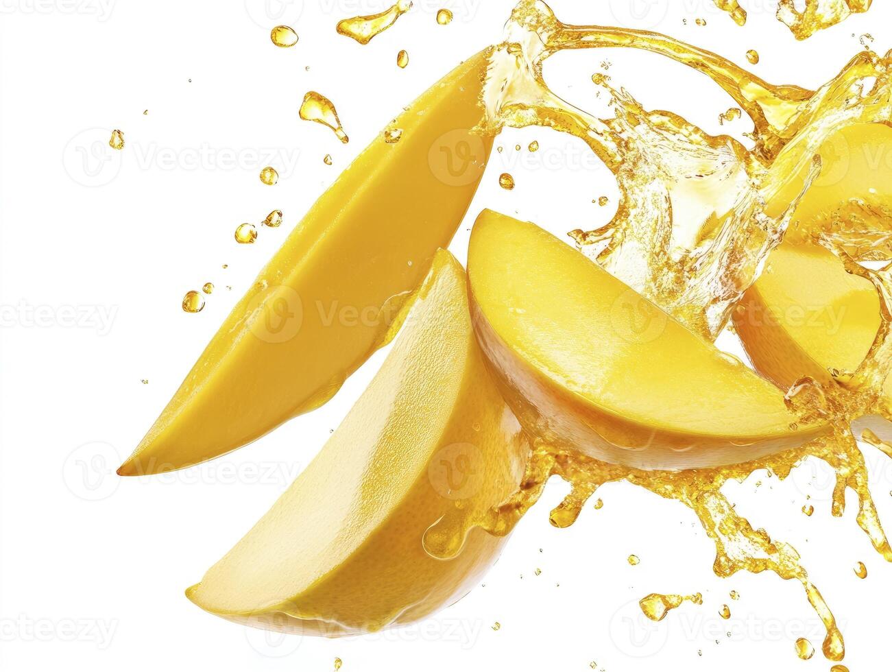 Mango Slices with Splashing Juice on White Background for Tropical Flavor photo