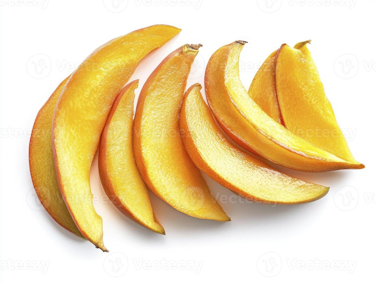 Fresh Mango Slices Arranged on White Background Ready to Be Served photo