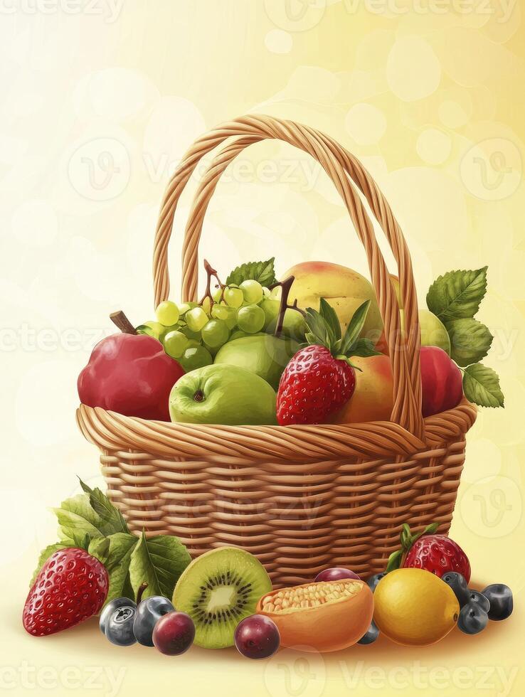 Basket Full of Fresh Fruits Still Life Digital Art Style photo