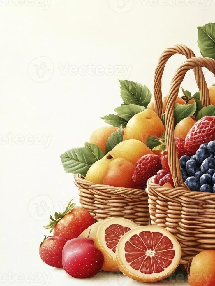 Fresh Fruit Baskets Abundant with Strawberries Oranges Grapes and Grapefruit photo