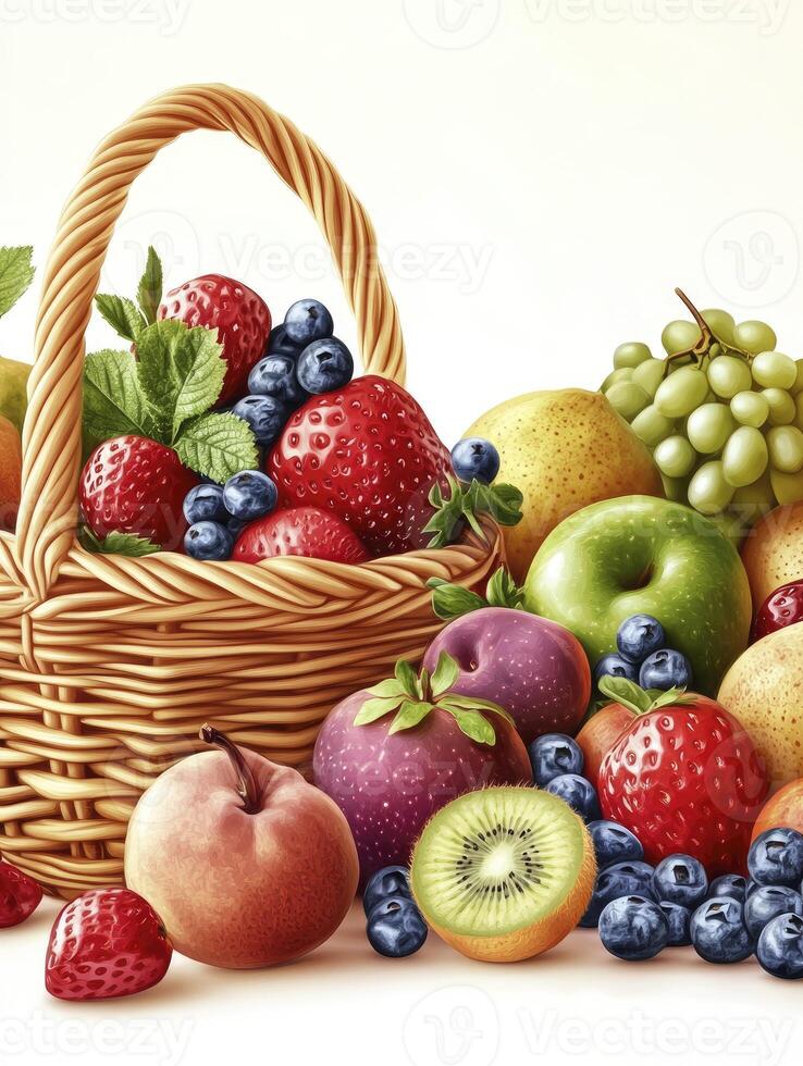 Fruit Basket Full of Strawberries Blueberries Grapes and Various Fruit photo