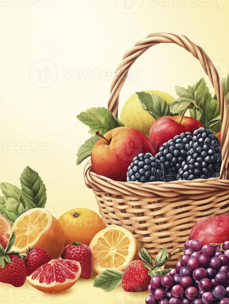 Fruit Basket Illustration with Apples, Berries, Oranges, and Grapes photo