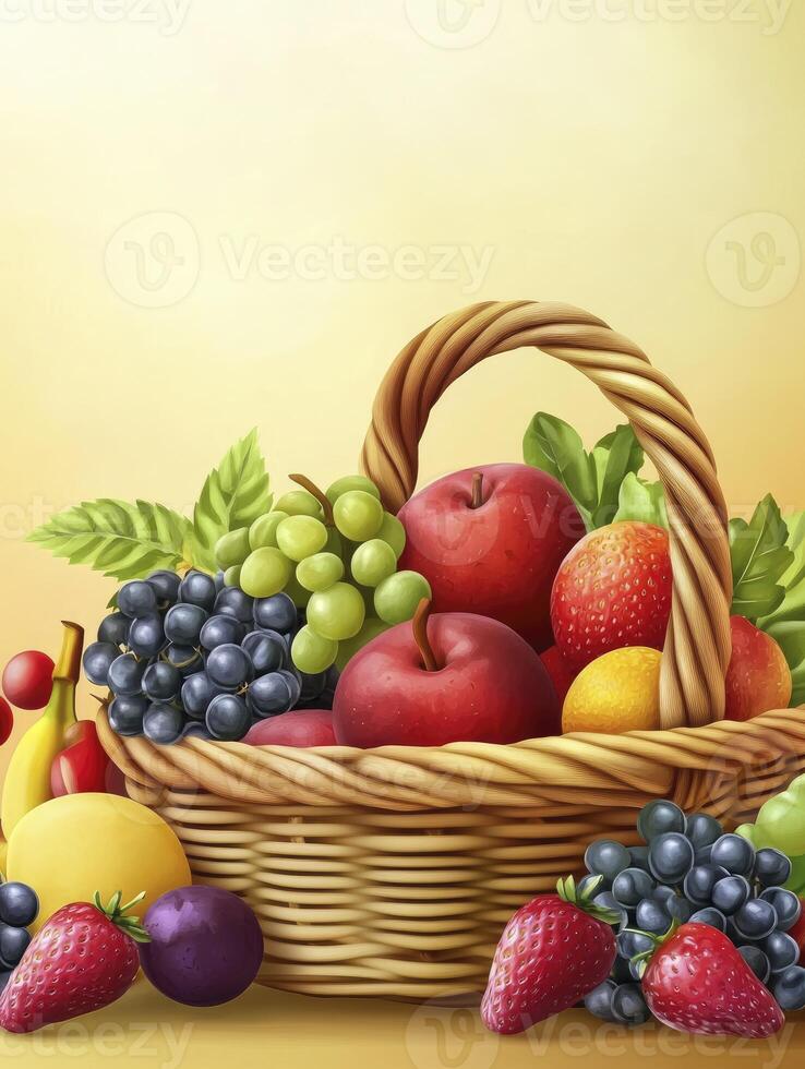 Fruit Basket with Apples, Grapes, and Strawberries in a Wicker Container photo