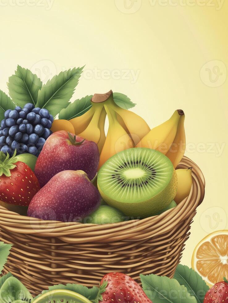 Fruit Basket Still Life with Bananas Apples and Kiwi Illustration photo