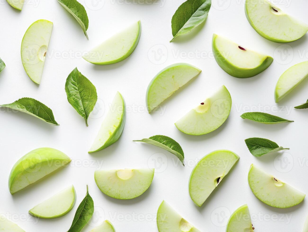 Green Apple Slices and Leaves Fresh Pattern on White Background photo