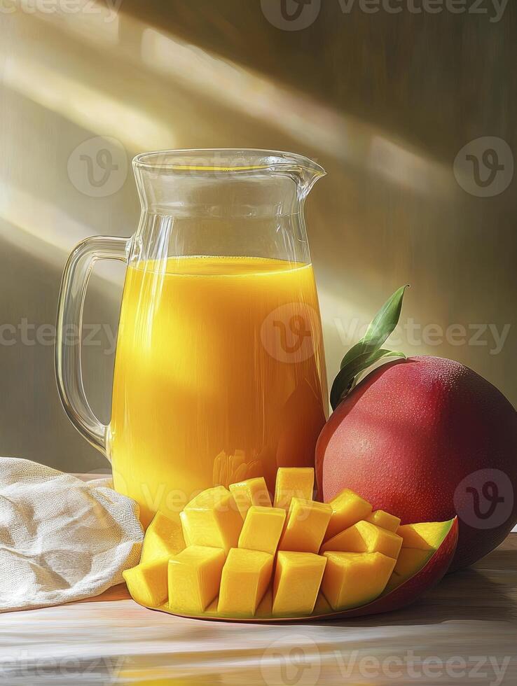 Refreshing Mango Juice in Pitcher with Fresh Fruit on Table photo
