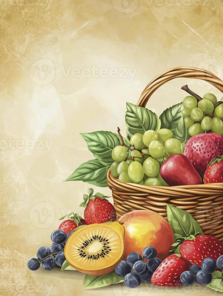 Fruit Basket Still Life with Grapes, Berries and Kiwifruit Illustration photo