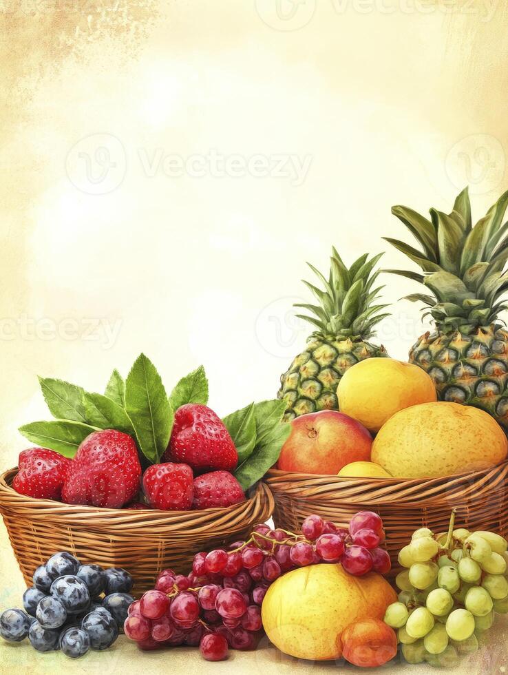 Assorted Fruit Basket Still Life with Strawberries Pineapples and Grapes photo