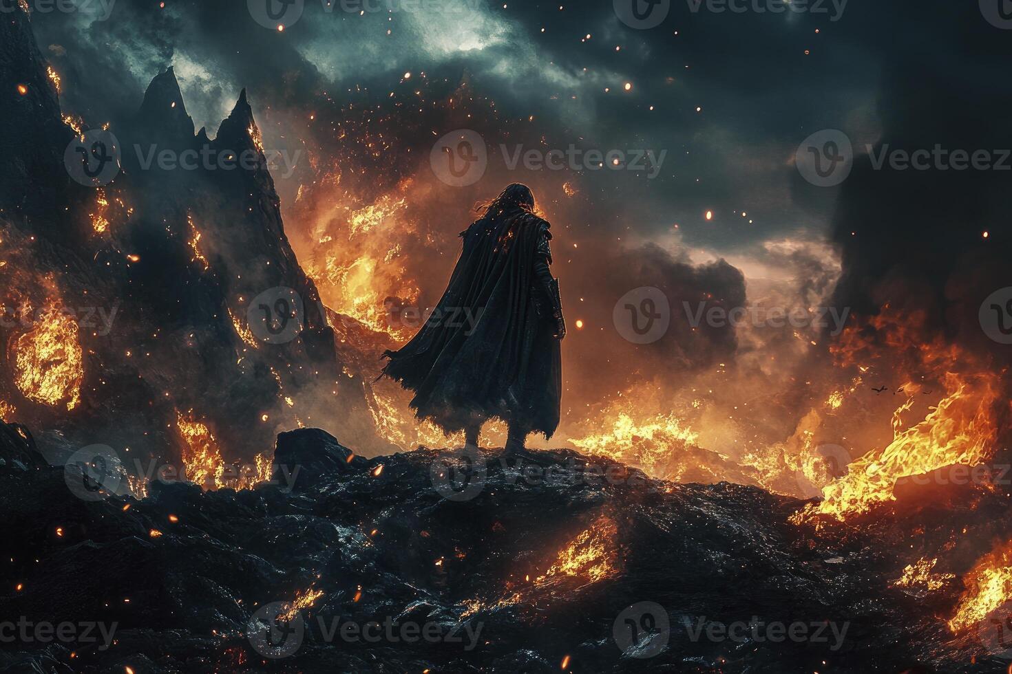 Man Standing Amidst Fiery Landscape Observing Destruction and Gloomy Sky photo