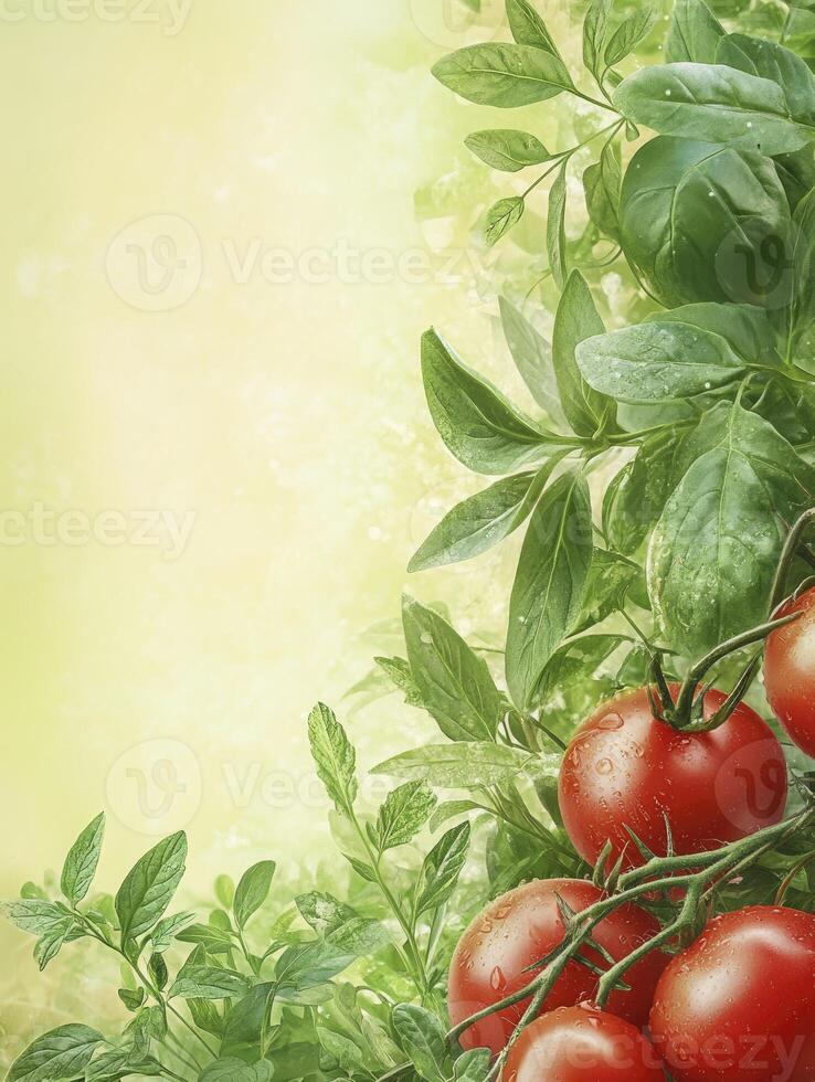 Fresh Tomatoes and Herbs Background Image for Culinary and Recipe Designs photo